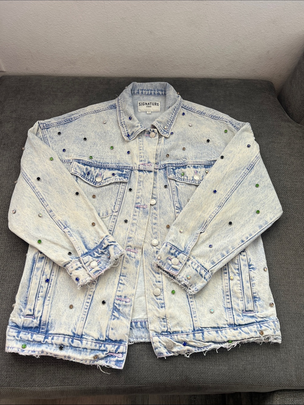 Signature Light Wash Denim Jacket with Multicolor Studs
